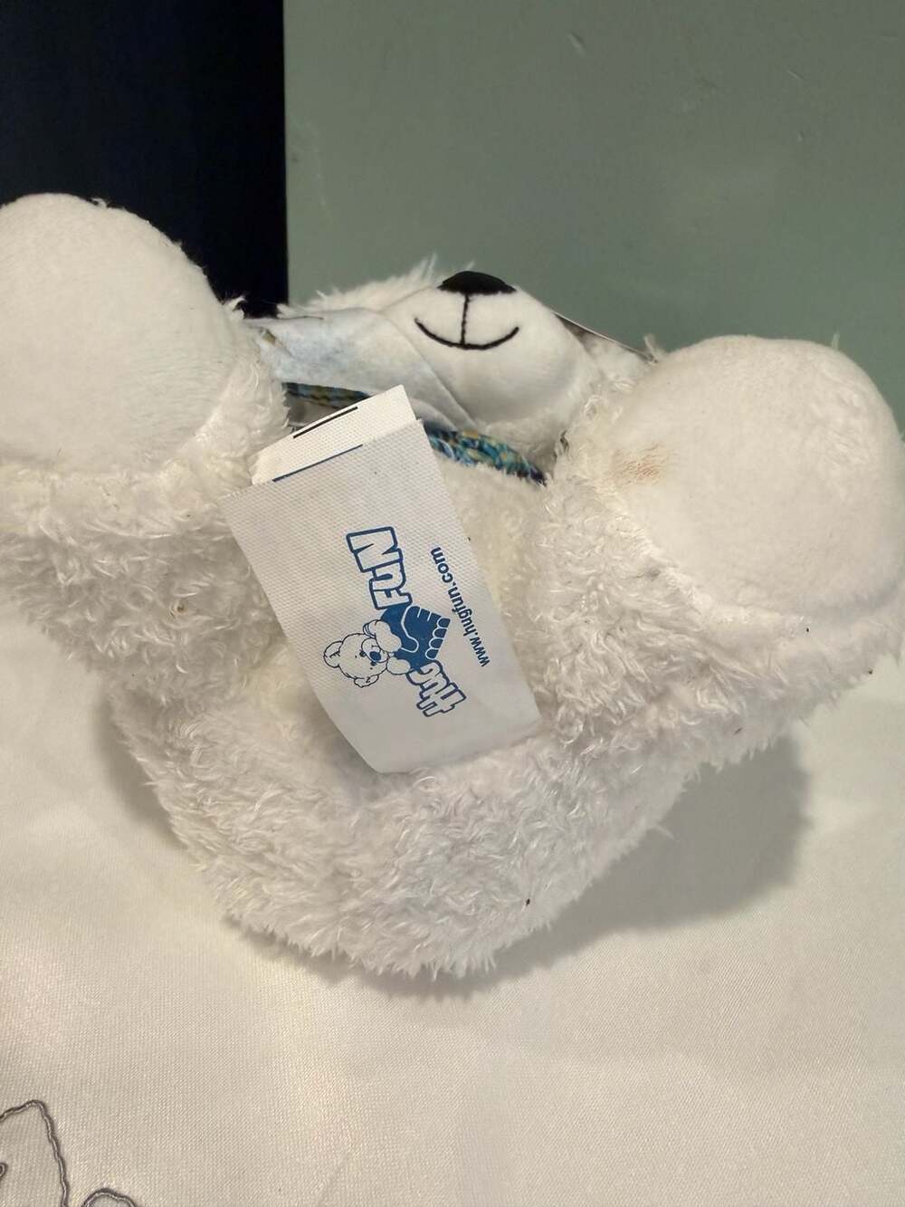 Hugfun Winter White Teddy Bear Plush with Blue Plaid Trapper Hat and Scarf - Picture 5 of 6